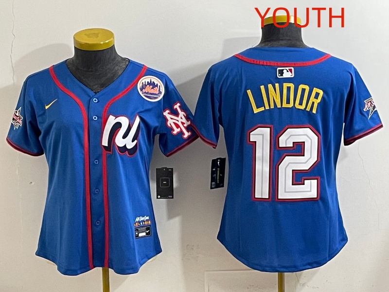 Youth 2025 New York Mets 12 Lindor Blue All star Nike MLB Jersey style 012
